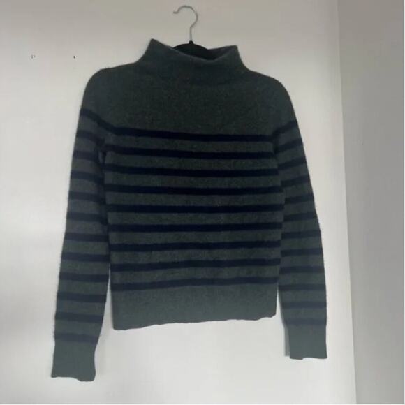 Vince Breton Stripe Turtleneck Cashmere Sweater In Heather Moss/ Coastal - Picture 4 of 12